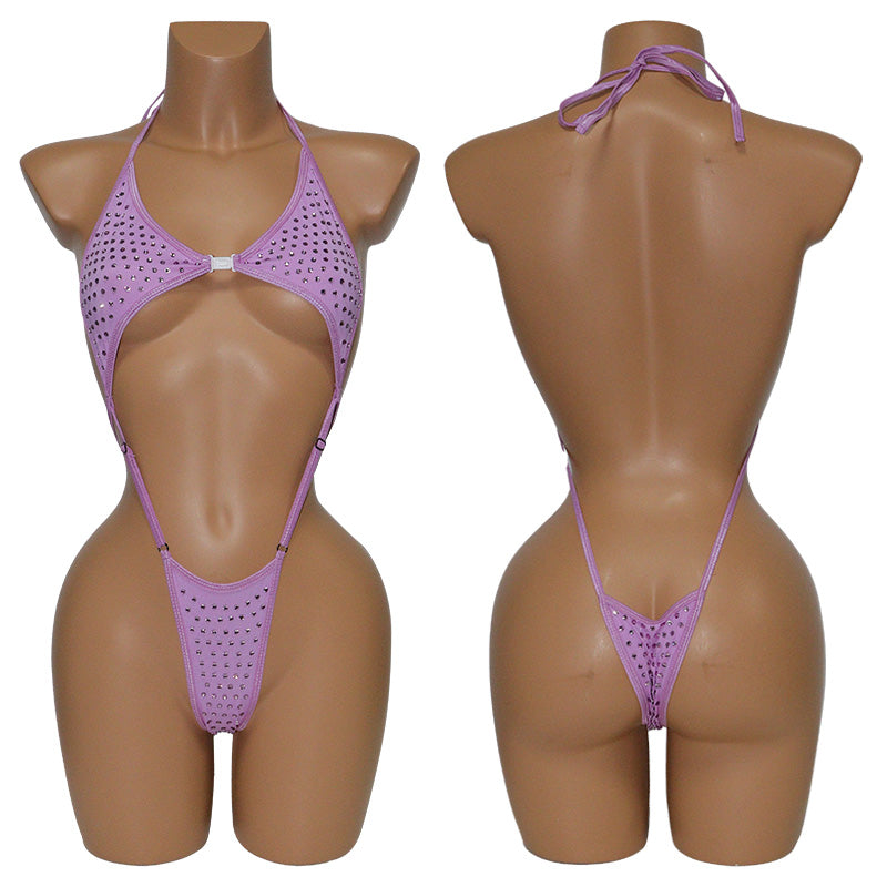 HORAE Glitter Crystal Extreme High-Cut Sling Thong One Piece Festival Swimwear