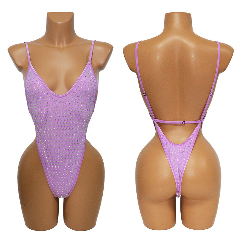 HORAE Glitter Rhinestone Deep V Backless High Cut Monokini Swimsuit