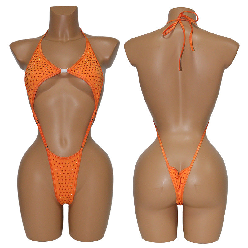 HORAE Glitter Crystal Extreme High-Cut Sling Thong One Piece Festival Swimwear