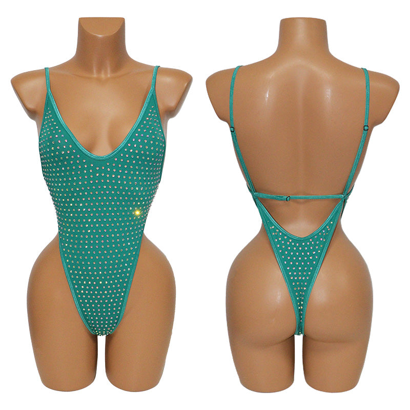 HORAE Glitter Rhinestone Deep V Backless High Cut Monokini Swimsuit