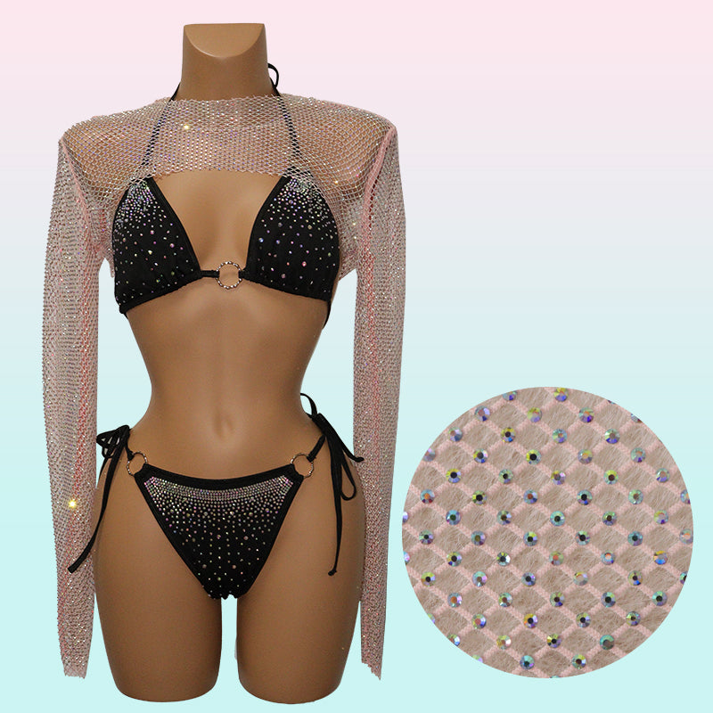 HORAE Sparkly Crystal Mesh Long Sleeve Crop Top Cover Up for Women