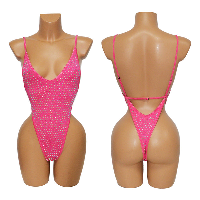 HORAE Glitter Rhinestone Deep V Backless High Cut Monokini Swimsuit