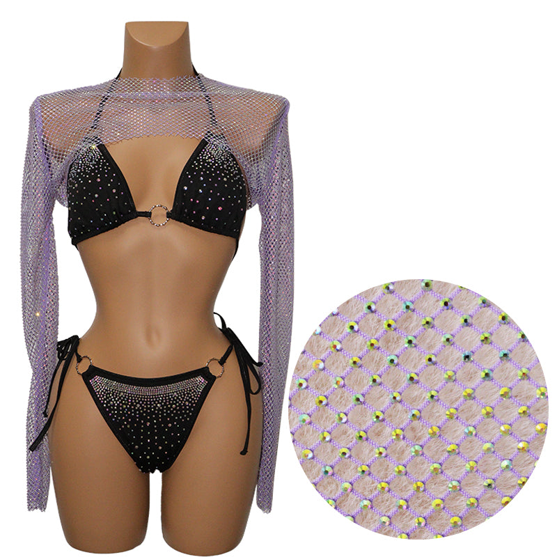 HORAE Sparkly Crystal Mesh Long Sleeve Crop Top Cover Up for Women