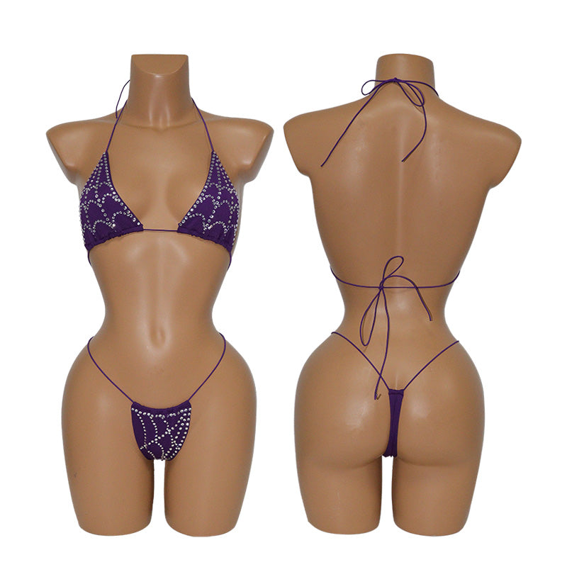 HORAE Sparkly Diamond Spiderweb Extreme Micro Thong Bikini Set for Women Club & Festival Wear