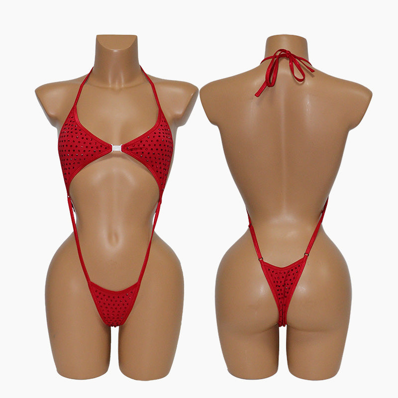 HORAE Glitter Crystal Extreme High-Cut Sling Thong One Piece Festival Swimwear