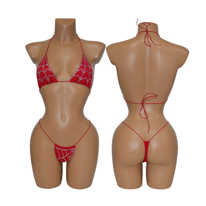 HORAE Sparkly Diamond Spiderweb Extreme Micro Thong Bikini Set for Women Club & Festival Wear