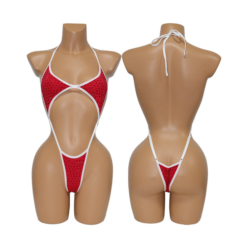 HORAE Glitter Crystal Extreme High-Cut Sling Thong One Piece Festival Swimwear