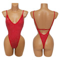 HORAE Glitter Rhinestone Deep V Backless High Cut Monokini Swimsuit