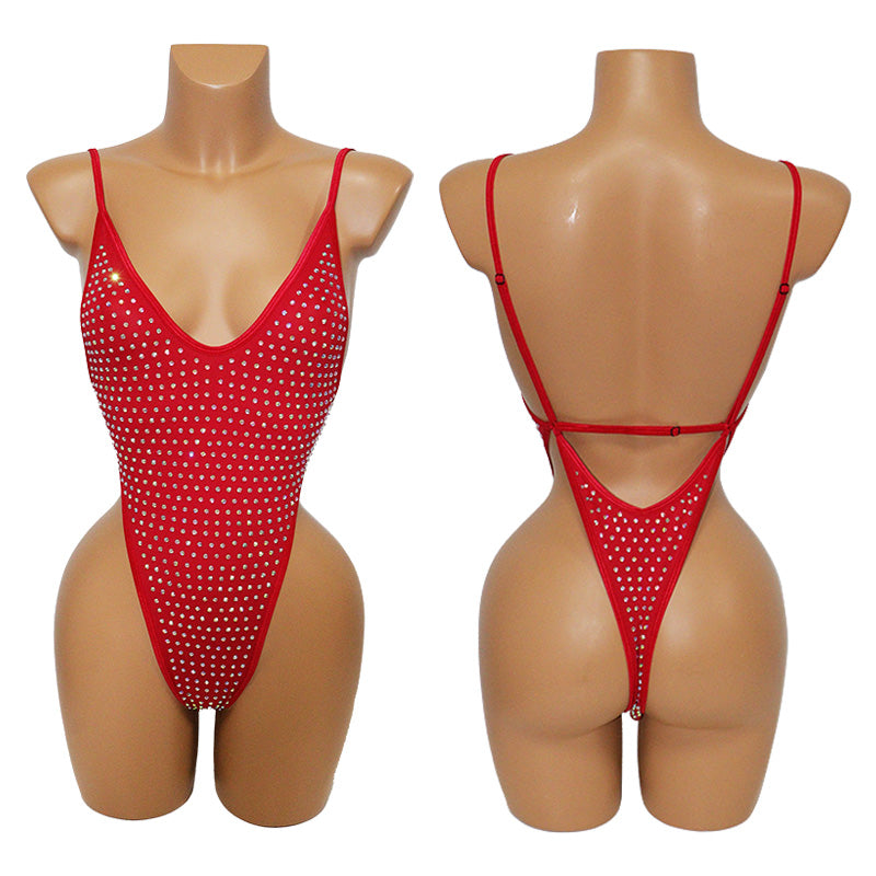 HORAE Glitter Rhinestone Deep V Backless High Cut Monokini Swimsuit