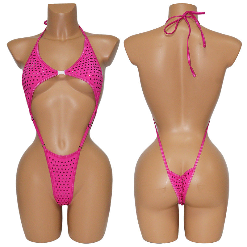 HORAE Glitter Crystal Extreme High-Cut Sling Thong One Piece Festival Swimwear
