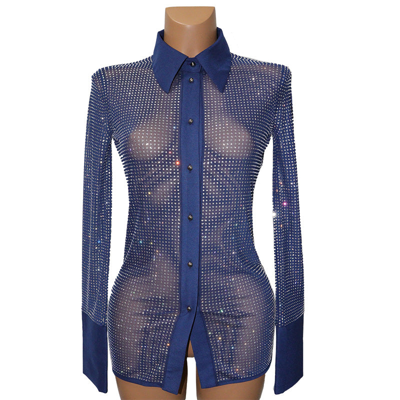 HORAE Sparkly Rhinestone Long Sleeve Button Down Sheer Mesh Shirt for Women