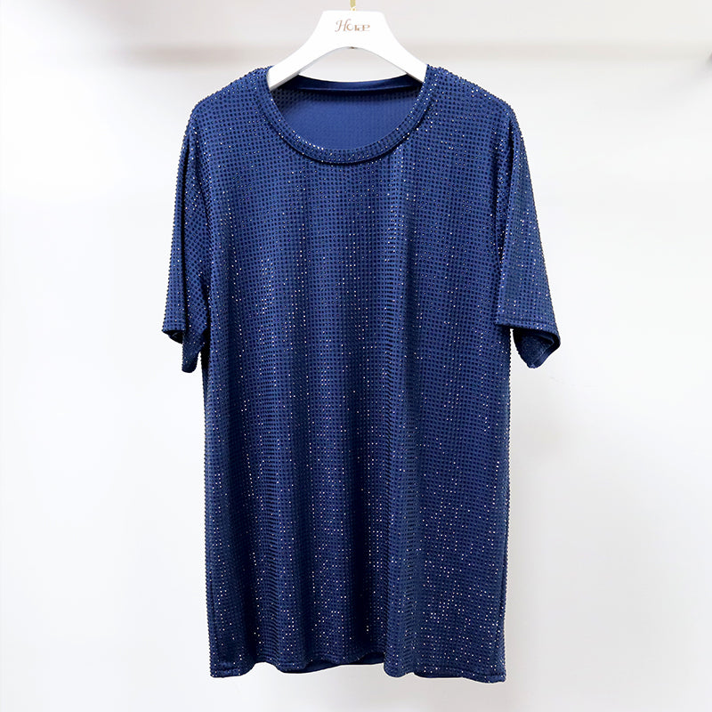 HORAE Shiny Full Diamond Crew Neck Short Sleeve Oversized T-Shirt Top