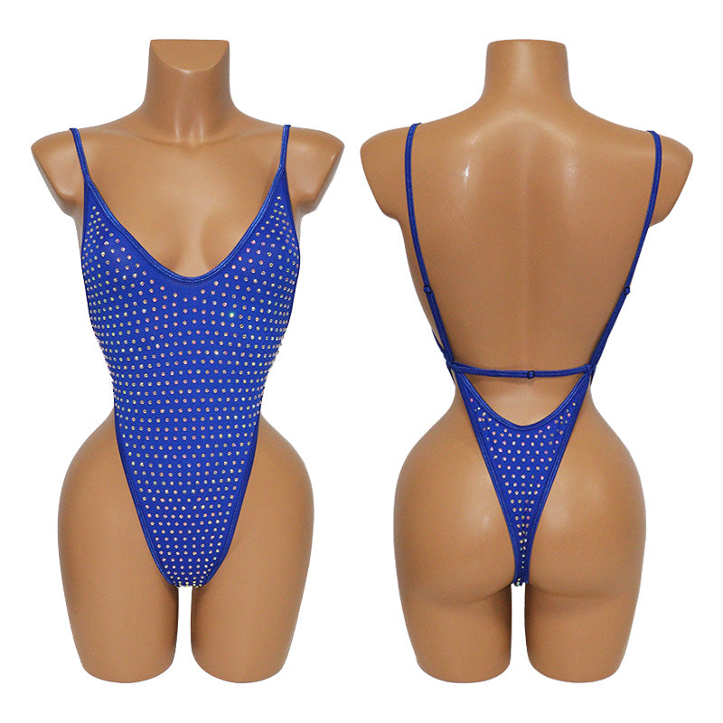 HORAE Glitter Rhinestone Deep V Backless High Cut Monokini Swimsuit