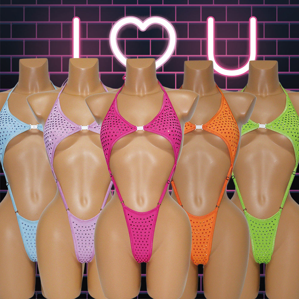 HORAE Glitter Crystal Extreme High-Cut Sling Thong One Piece Festival Swimwear