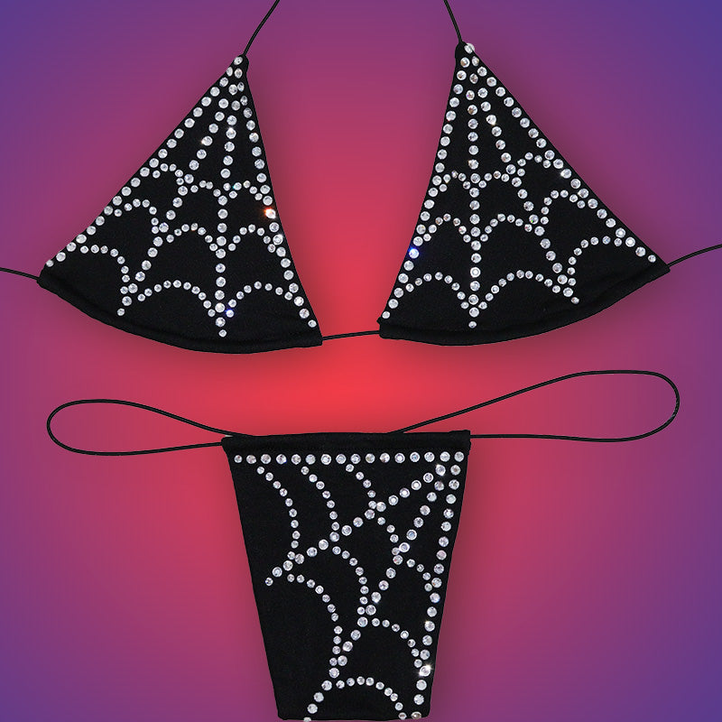 HORAE Sparkly Diamond Spiderweb Extreme Micro Thong Bikini Set for Women Club & Festival Wear