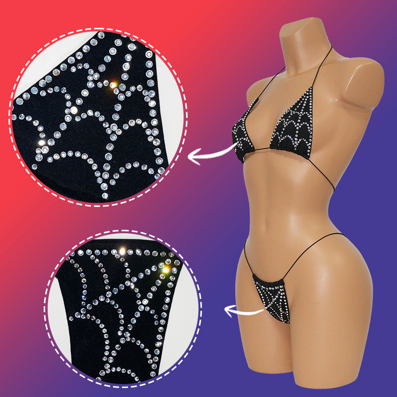 HORAE Sparkly Diamond Spiderweb Extreme Micro Thong Bikini Set for Women Club & Festival Wear