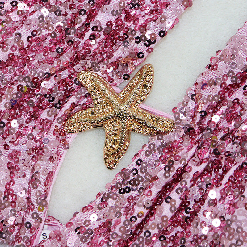 HORAE Shiny Sequin Starfish Halter Backless Two Piece Outfit Set for Beach Party Wear