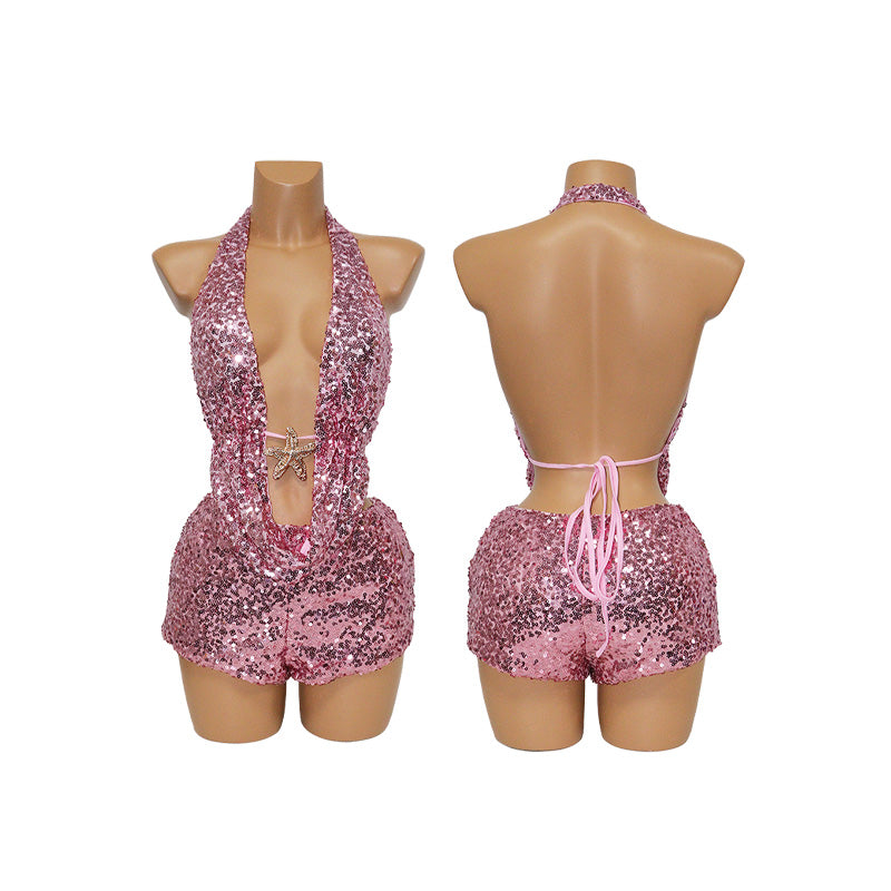 HORAE Shiny Sequin Starfish Halter Backless Two Piece Outfit Set for Beach Party Wear