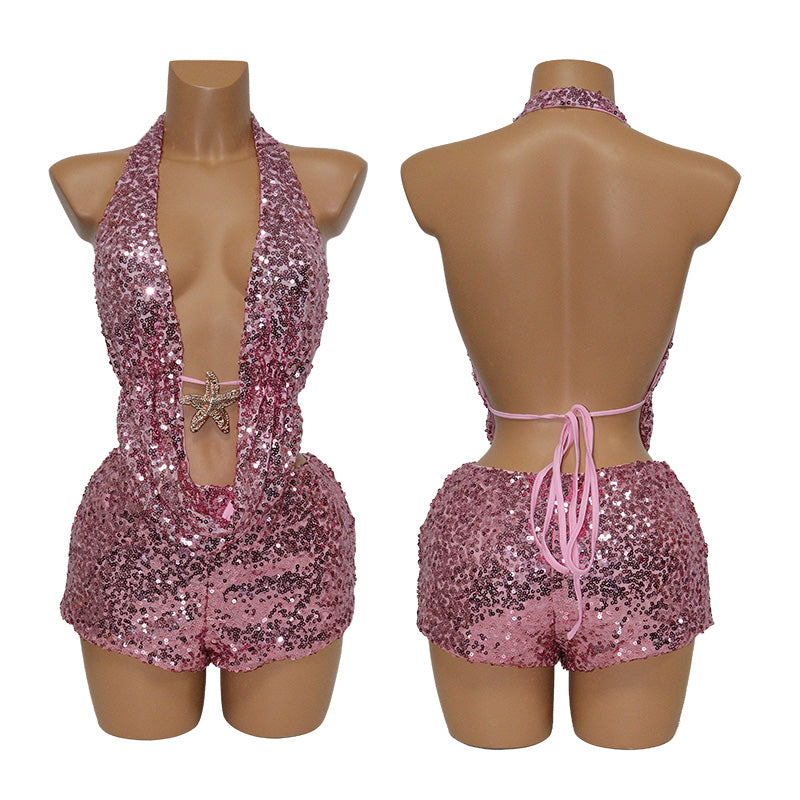 HORAE Shiny Sequin Starfish Halter Backless Two Piece Outfit Set for Beach Party Wear
