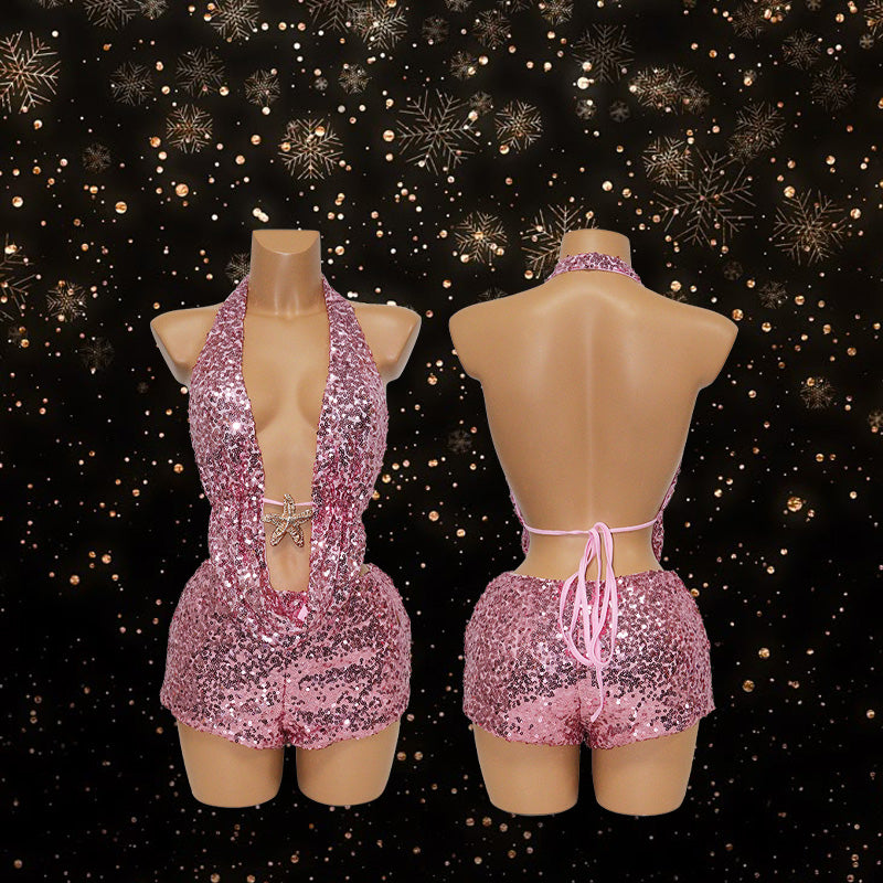 HORAE Shiny Sequin Starfish Halter Backless Two Piece Outfit Set for Beach Party Wear