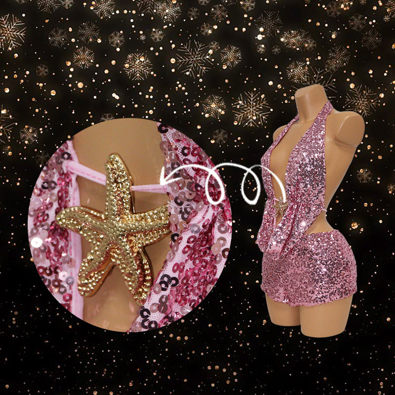 HORAE Shiny Sequin Starfish Halter Backless Two Piece Outfit Set for Beach Party Wear