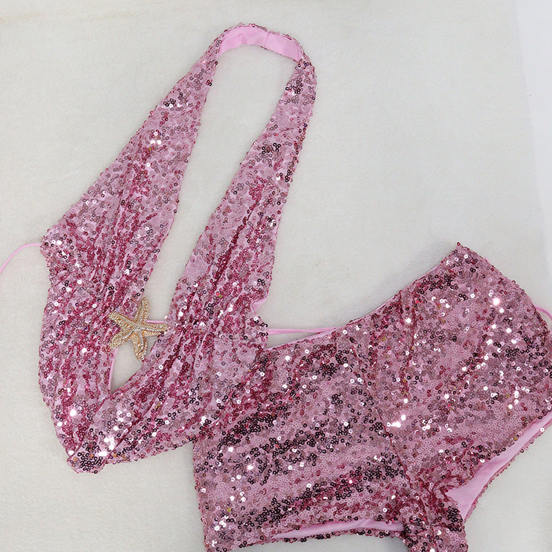 HORAE Shiny Sequin Starfish Halter Backless Two Piece Outfit Set for Beach Party Wear