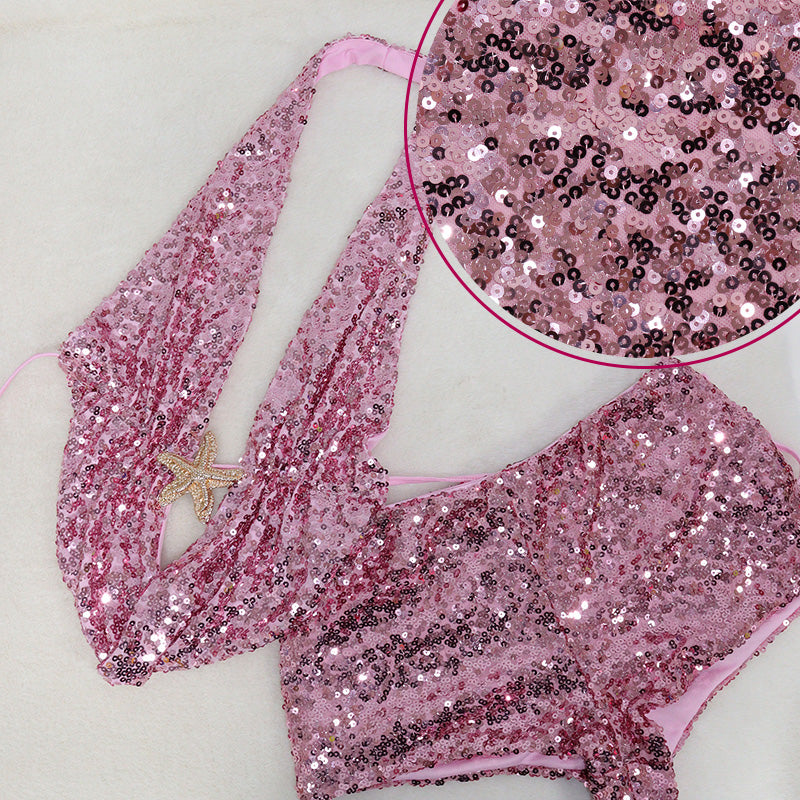 HORAE Shiny Sequin Starfish Halter Backless Two Piece Outfit Set for Beach Party Wear