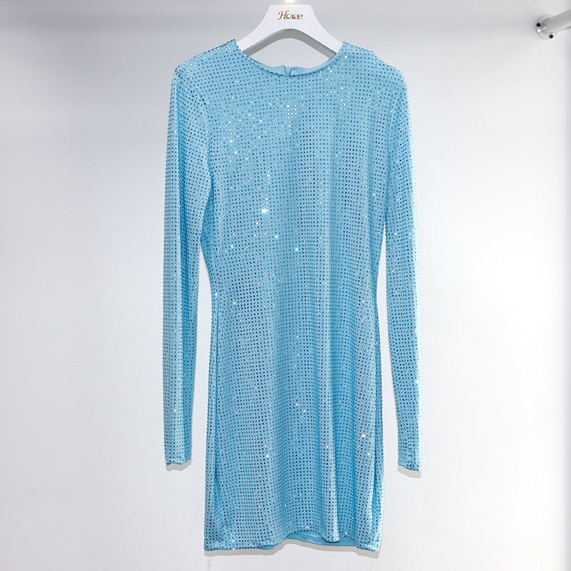 HORAE Glitter Rhinestone Bodycon Long Sleeve Party Mini Dress
