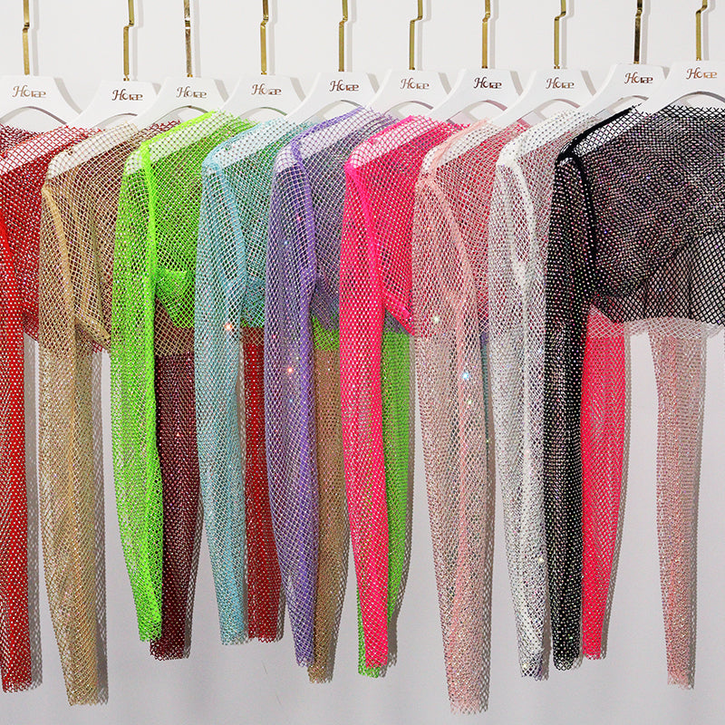 HORAE Sparkly Crystal Mesh Long Sleeve Crop Top Cover Up for Women