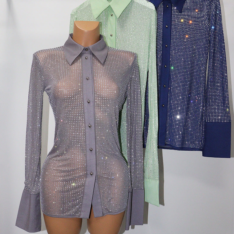 HORAE Sparkly Rhinestone Long Sleeve Button Down Sheer Mesh Shirt for Women