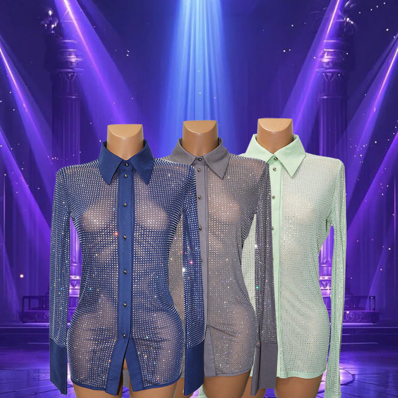 HORAE Sparkly Rhinestone Long Sleeve Button Down Sheer Mesh Shirt for Women