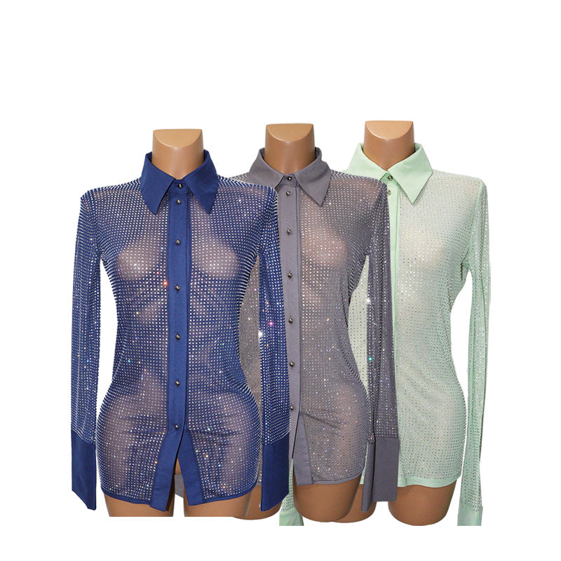HORAE Sparkly Rhinestone Long Sleeve Button Down Sheer Mesh Shirt for Women