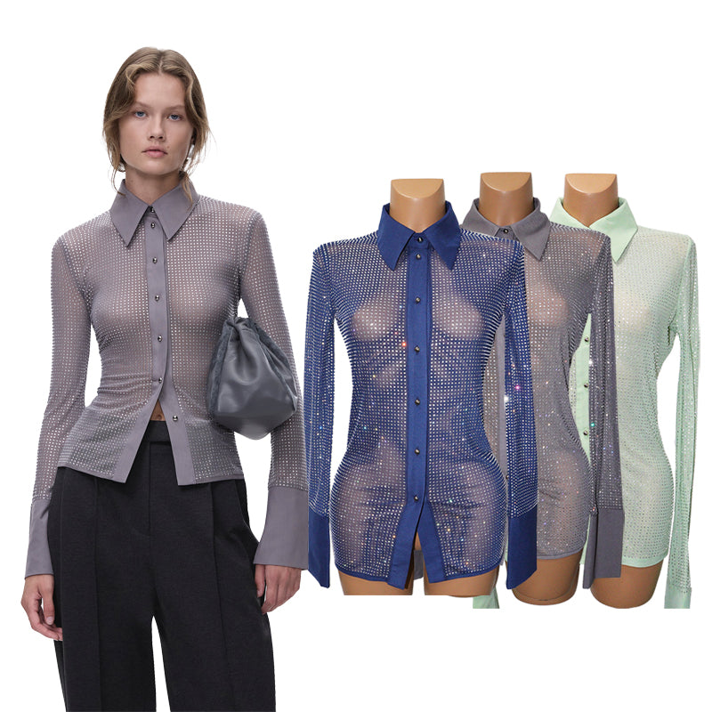 HORAE Sparkly Rhinestone Long Sleeve Button Down Sheer Mesh Shirt for Women