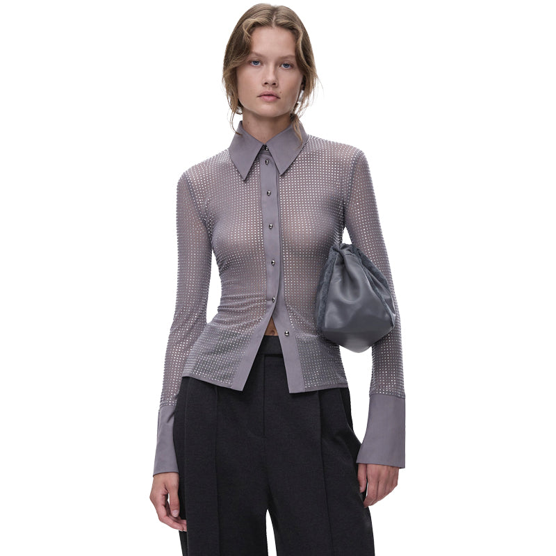 HORAE Sparkly Rhinestone Long Sleeve Button Down Sheer Mesh Shirt for Women