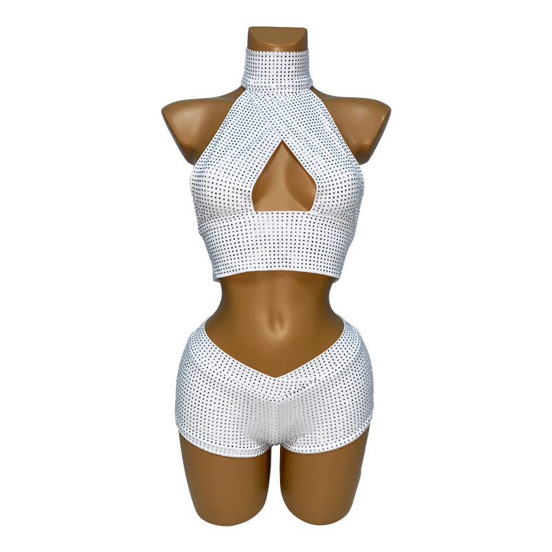 HORAE Diamond Crisscross Halter Crop Top & Shorts Outfit for Women