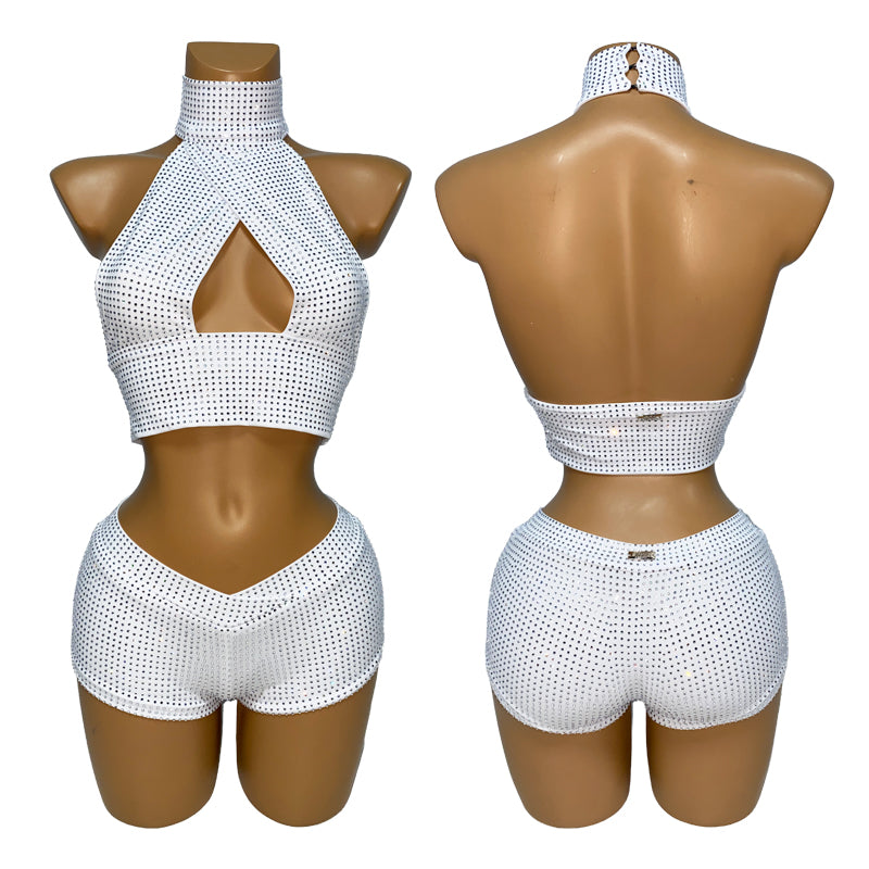 HORAE Diamond Crisscross Halter Crop Top & Shorts Outfit for Women