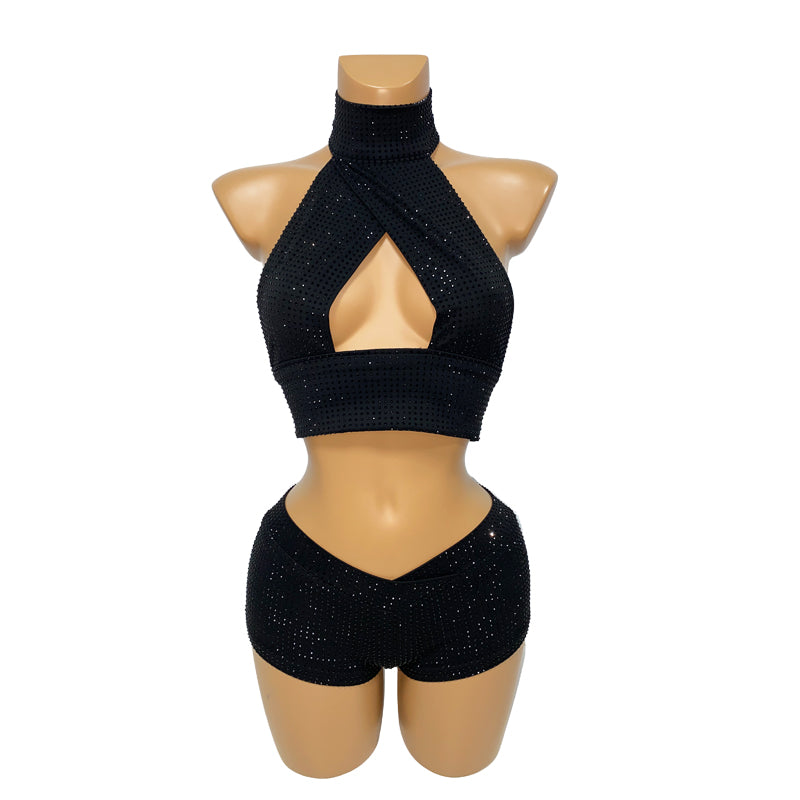 HORAE Diamond Crisscross Halter Crop Top & Shorts Outfit for Women
