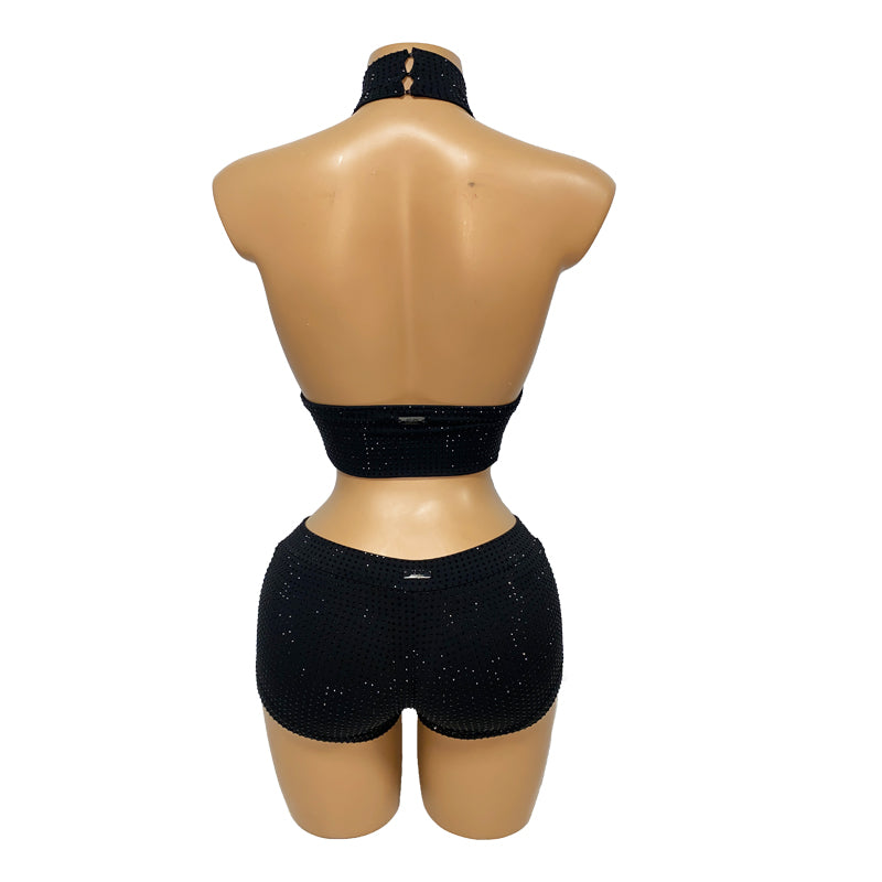 HORAE Diamond Crisscross Halter Crop Top & Shorts Outfit for Women