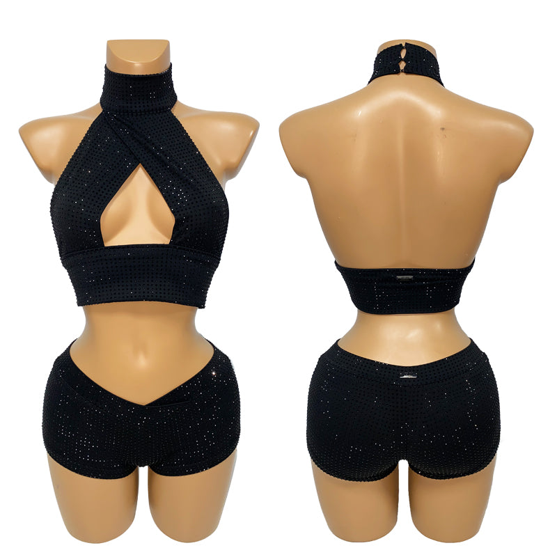 HORAE Diamond Crisscross Halter Crop Top & Shorts Outfit for Women