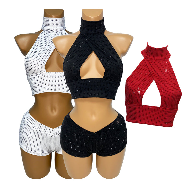 HORAE Diamond Crisscross Halter Crop Top & Shorts Outfit for Women