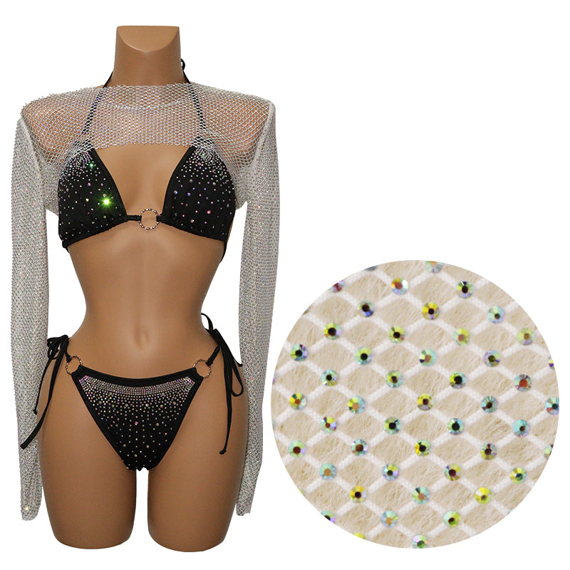 HORAE Sparkly Crystal Mesh Long Sleeve Crop Top Cover Up for Women