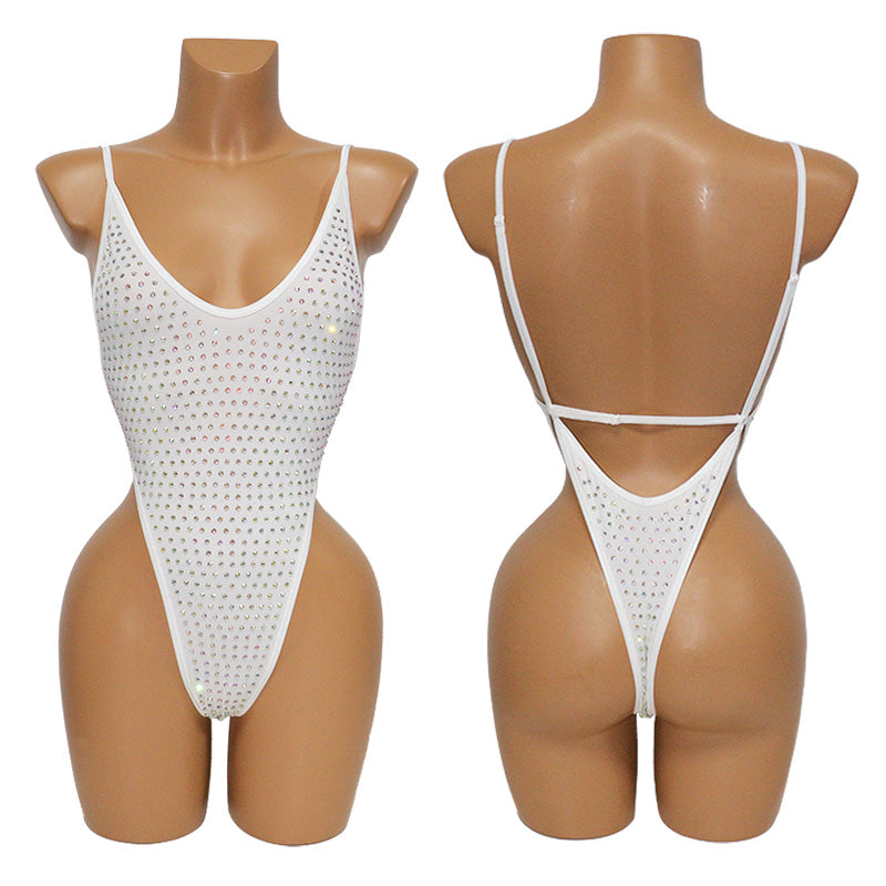 HORAE Glitter Rhinestone Deep V Backless High Cut Monokini Swimsuit