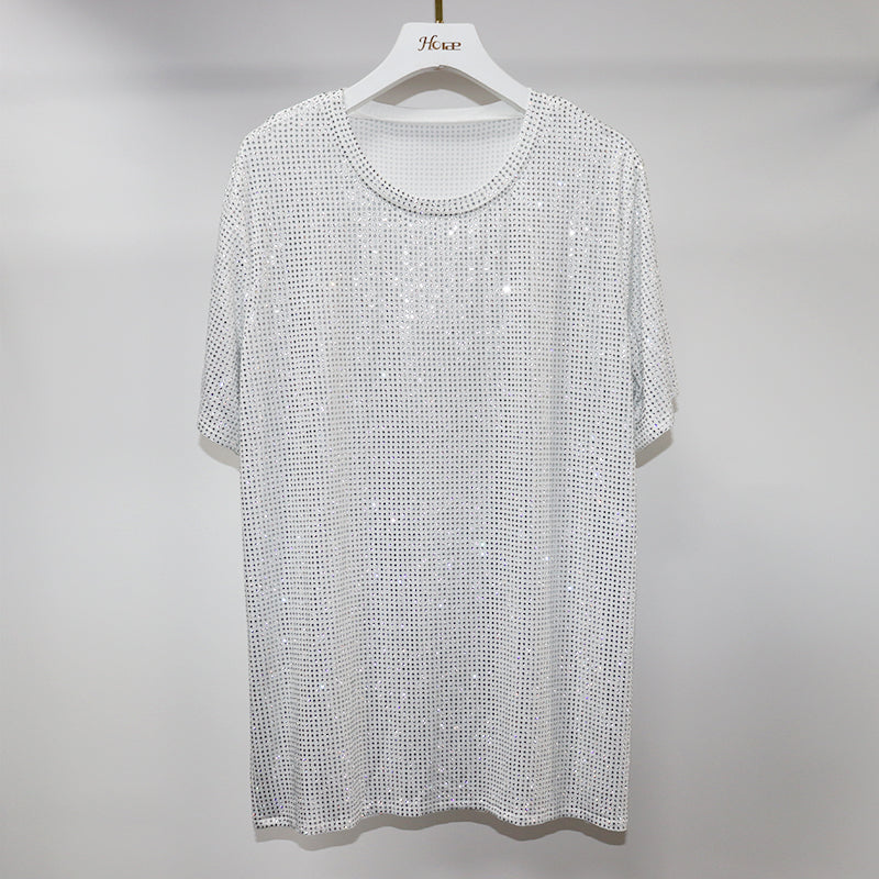 HORAE Shiny Full Diamond Crew Neck Short Sleeve Oversized T-Shirt Top