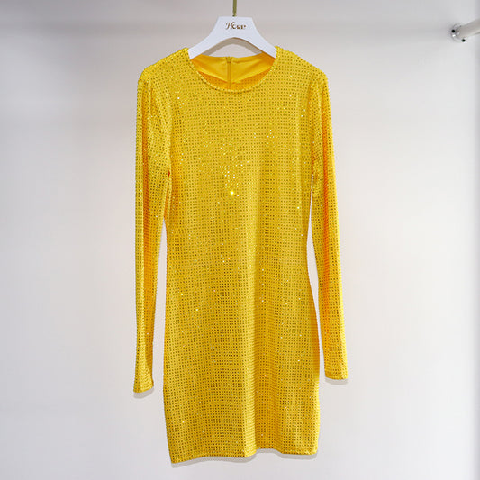 HORAE Glitter Rhinestone Bodycon Long Sleeve Party Mini Dress